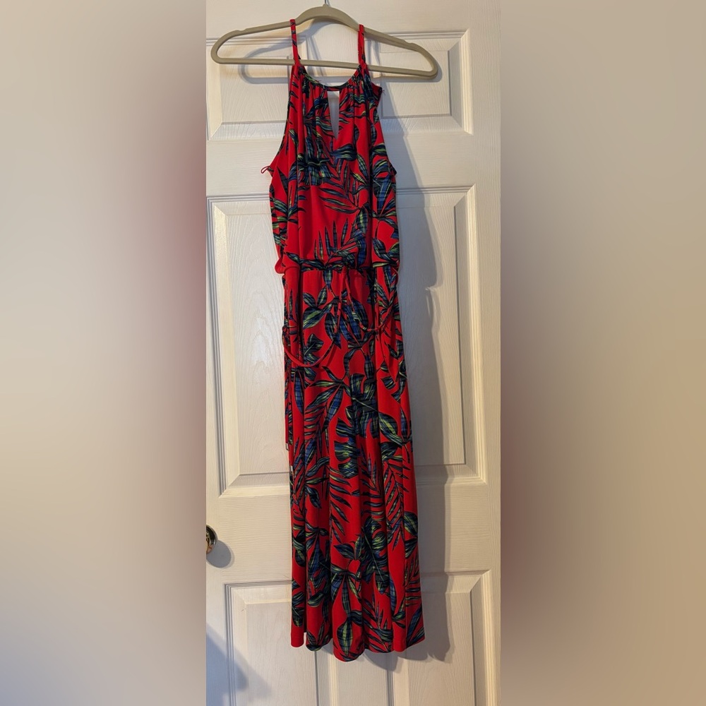 Red Tropical paints jumper romper tie waist and pockets London times size 8